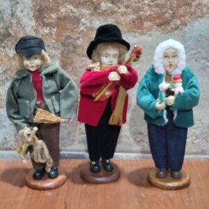 Vintage Christmas Carolers Set Wood Base Holiday Dolls Figures Lot of 3